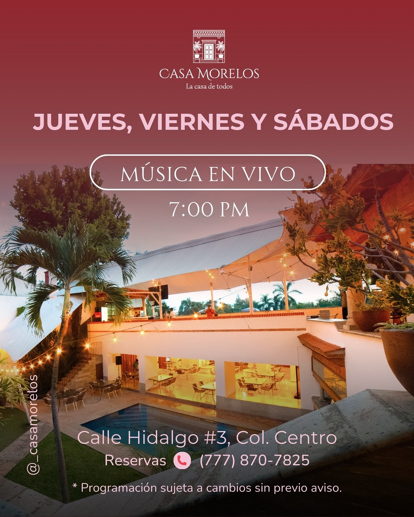 Cartel de música en vivo jueves, viernes y sábados